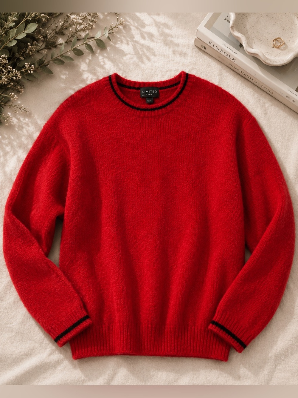 Vintage Limited Women’s Red Wool Blend Sweater with Black Accent Size Large